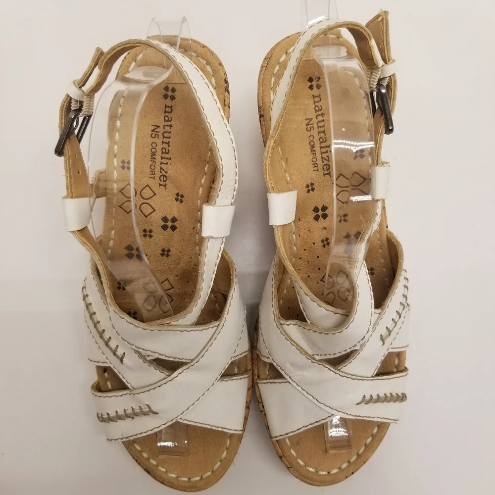 Naturalizer Norma Womans Size 8M White Leather Wedge Heel Sandal  Sling Back